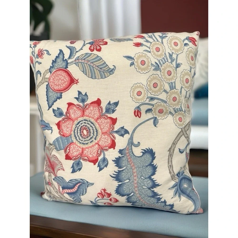 Schumacher Arborvitae Linen Floral Pillow Down/Feather Rose & Delft 26x26 - B